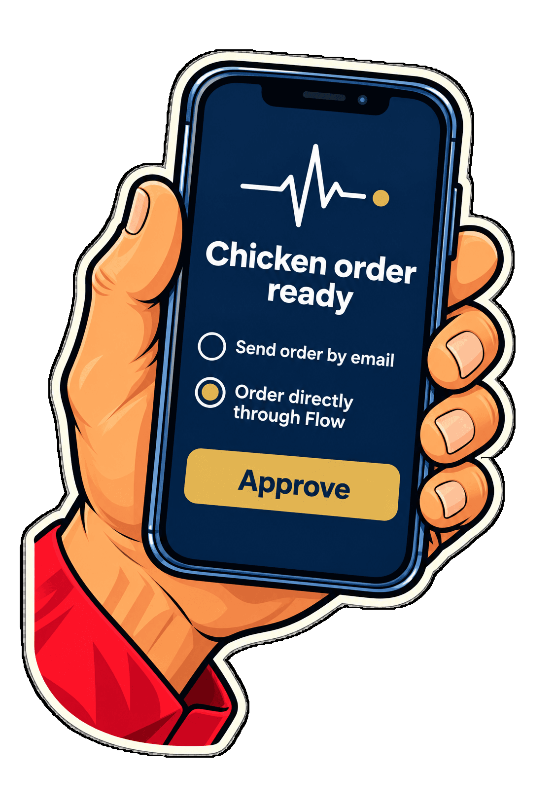 A phone shows a chicken order ready with options to send it by email or order directly through Flow