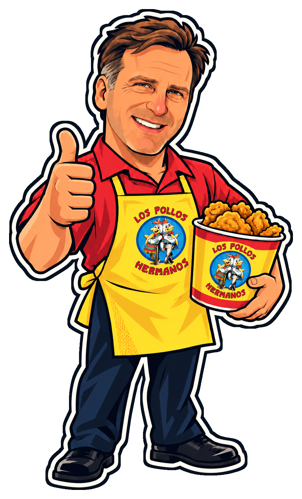 David, the cartoon CEO of Los Pollos Hermanos, gives a thumbs-up while holding a bucket of chicken