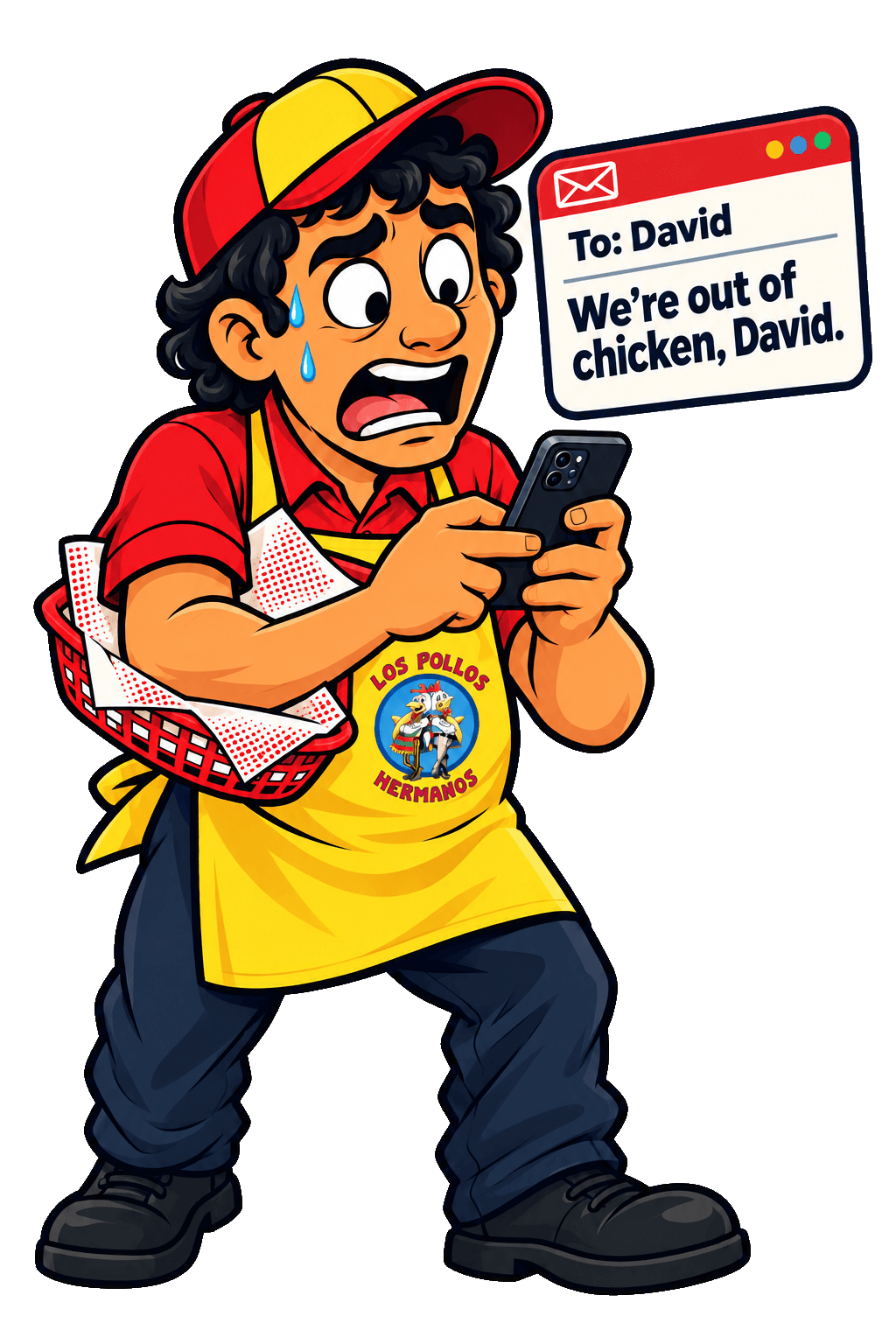 A Los Pollos Hermanos employee emails David that the restaurant is out of chicken