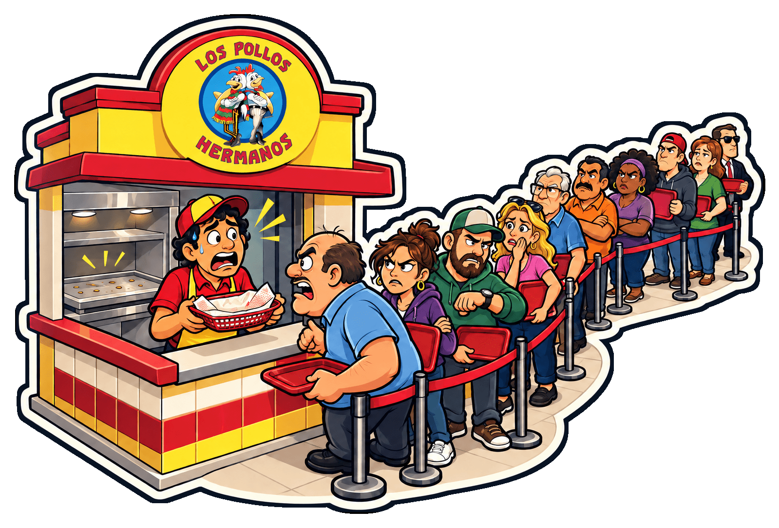 A long line of unhappy customers waits while a Los Pollos Hermanos employee discovers the restaurant is out of chicken