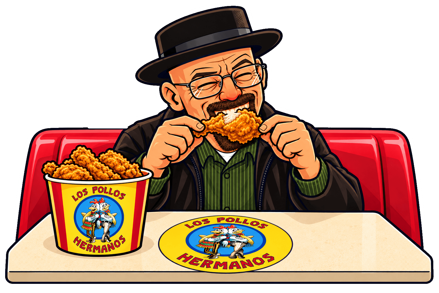 A happy cartoon Walter White eats fried chicken in a red Los Pollos Hermanos booth
