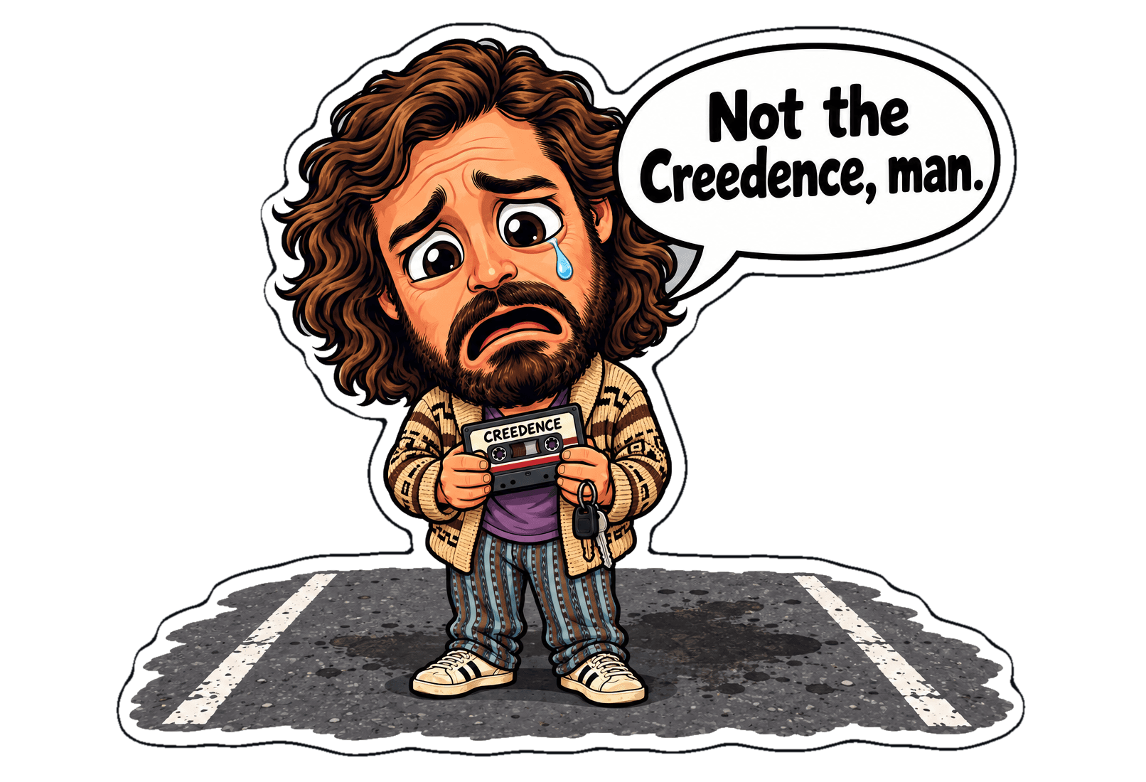 The Dude stands heartbroken in an empty parking space holding a Creedence cassette, saying not the Creedence, man