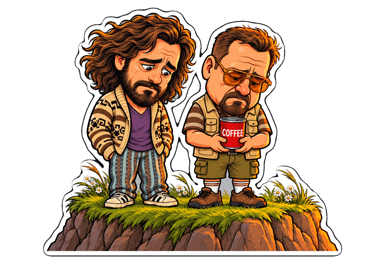The Dude and Walter stand on a windy cliff at sunset, Walter holding a coffee can