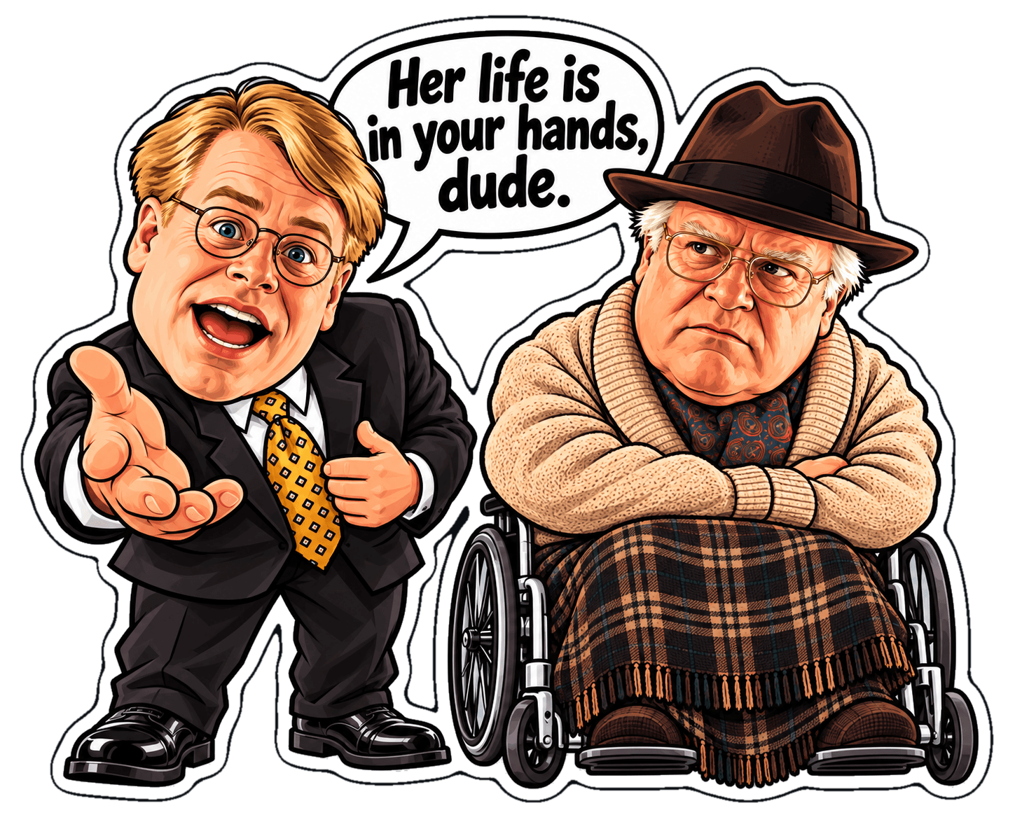 Cartoon Brandt, Jeffrey Lebowski's assistant, tells the viewer her life is in your hands, dude, while a grumpy Jeffrey sits beside him in a wheelchair