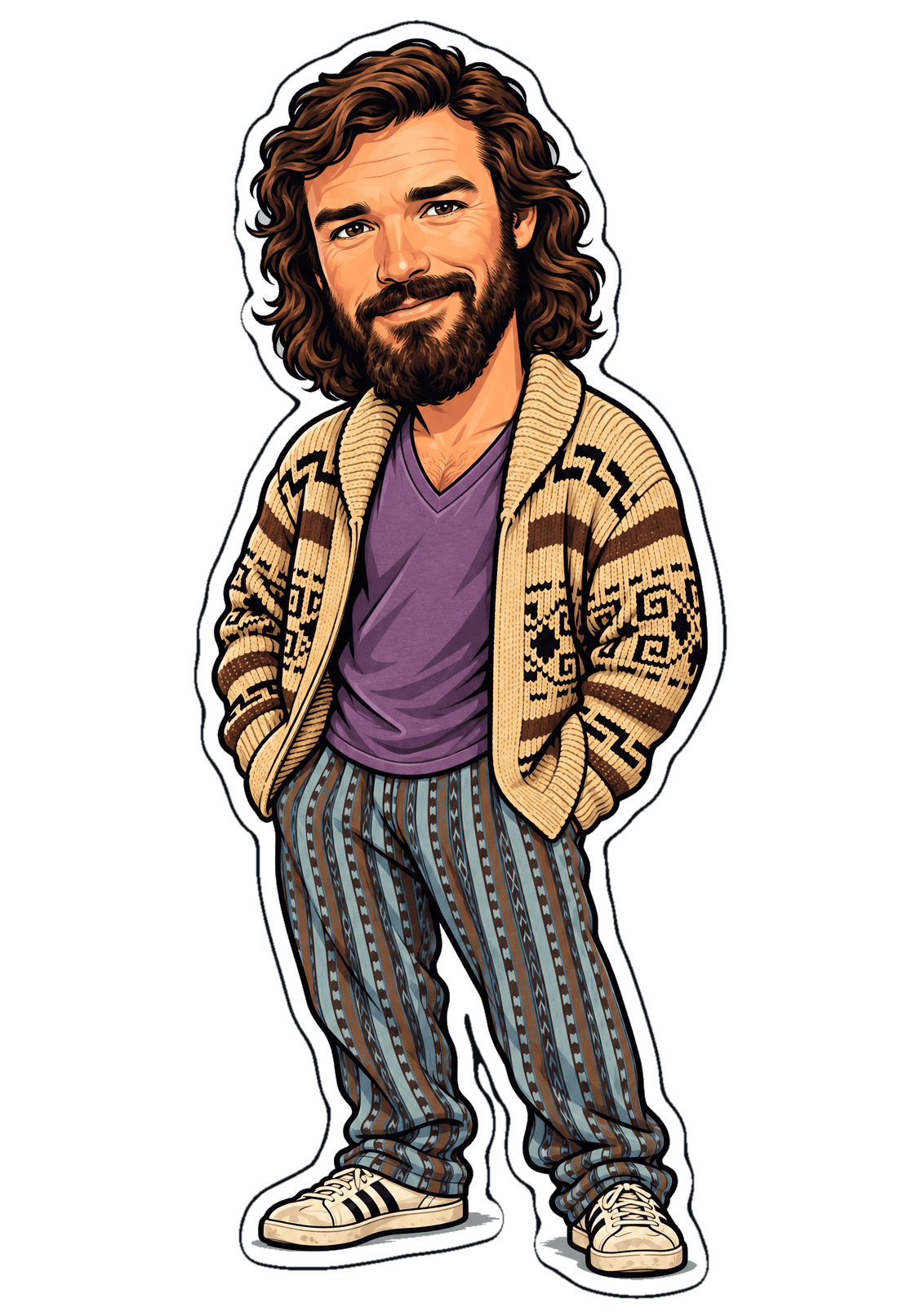 Michael Lebowski, known as The Dude, a cartoon security consultant with long wavy hair and a beard, in a knit cardigan and striped pajama pants, hands in his pockets