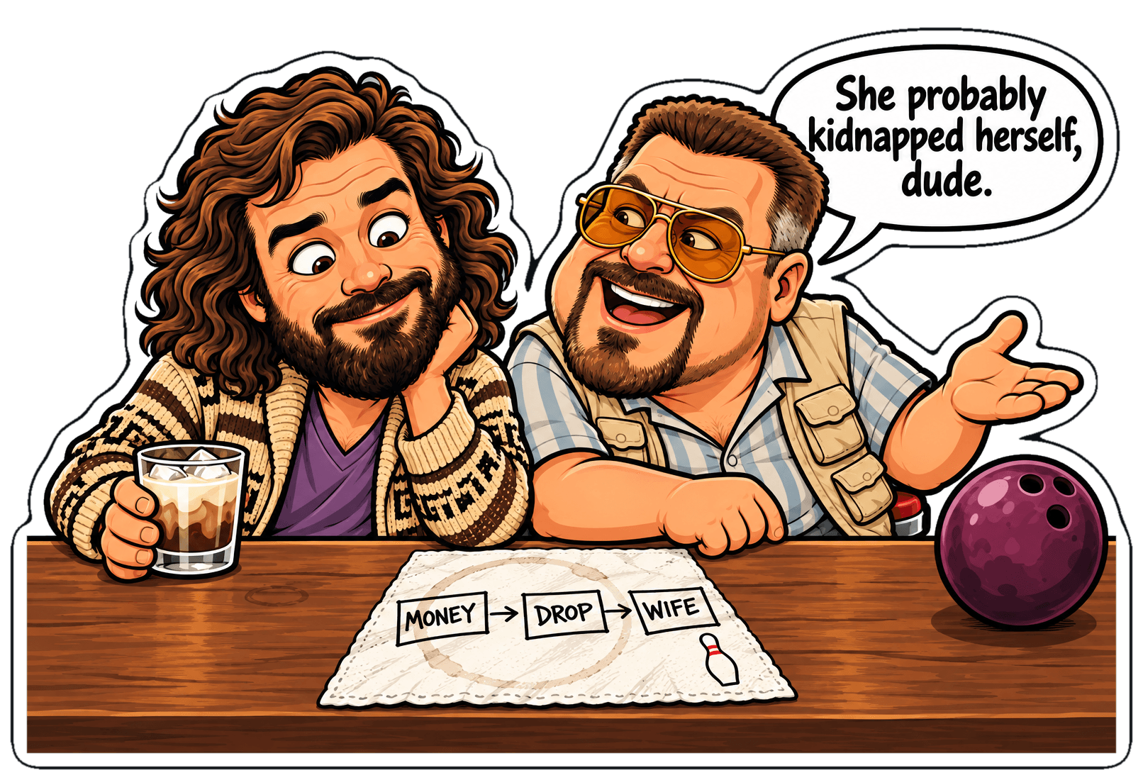 Seen from behind the bar, The Dude and a smiling Walter sit over a cocktail napkin with the plan money, drop, wife, as Walter says she probably kidnapped herself, dude