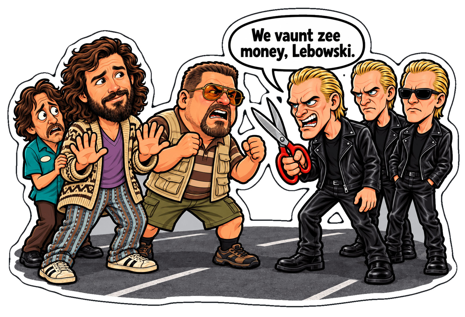 Three nihilists in black leather, one with giant scissors, tell The Dude, Walter and Donny we vaunt zee money, Lebowski