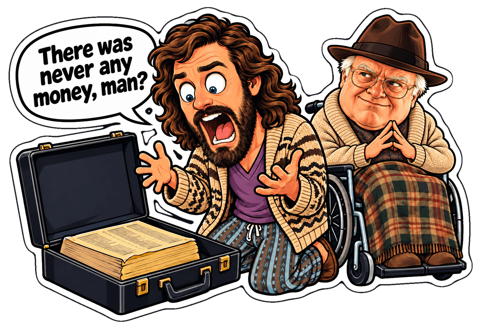 The Dude stares into a briefcase holding only a phone book while Jeffrey Lebowski smirks behind him
