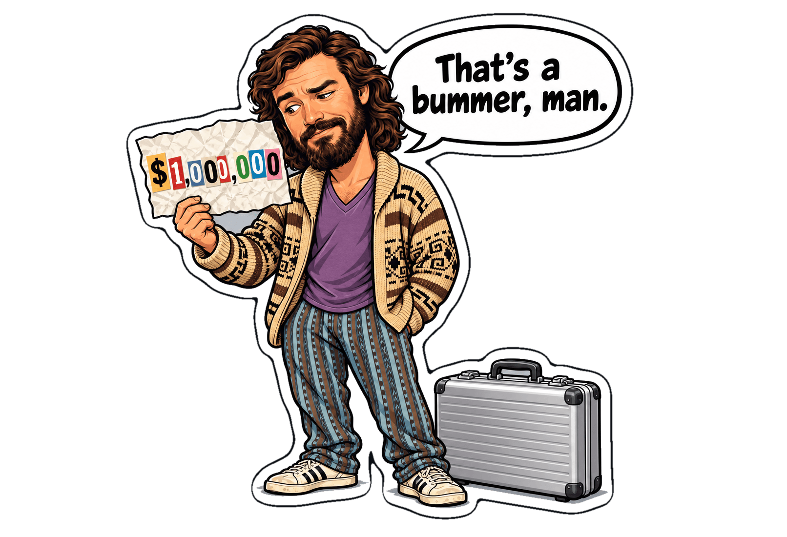The Dude reads a cut-out-letter ransom note demanding one million dollars, a silver briefcase at his feet, saying that's a bummer, man