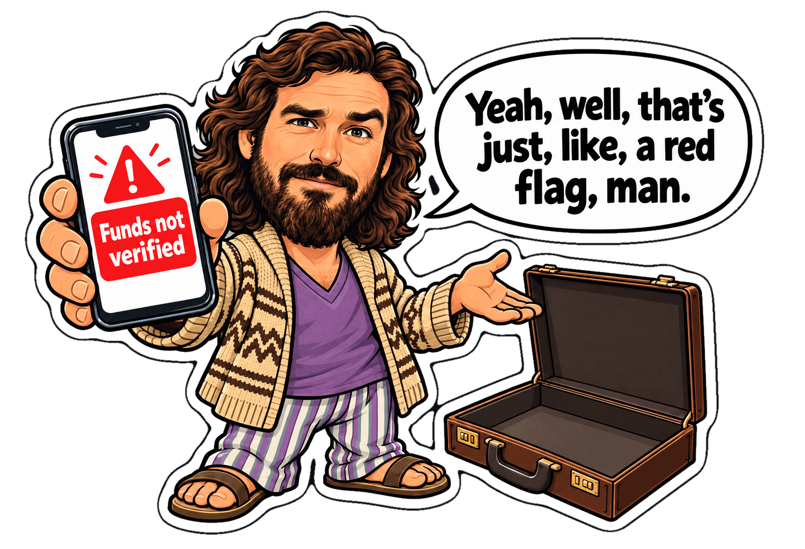 The Dude holds up a phone showing Funds not verified next to an empty briefcase