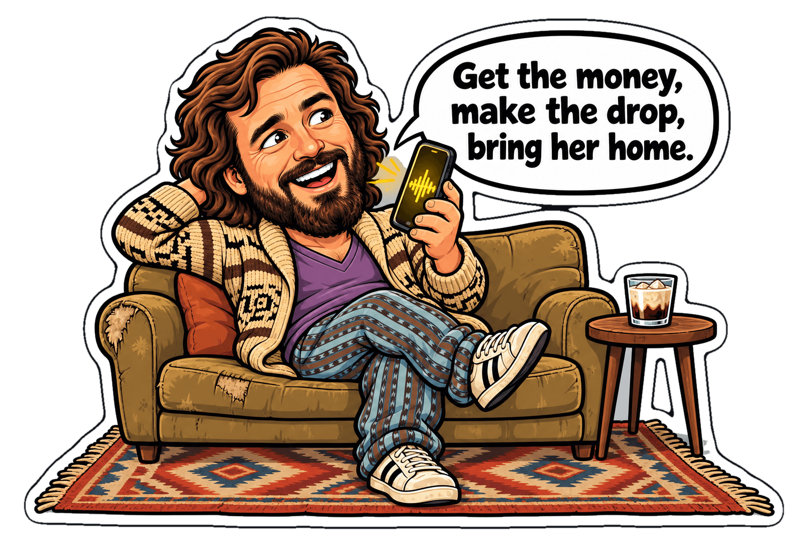 The Dude relaxes on his couch telling his plan to Informus Flow on his phone