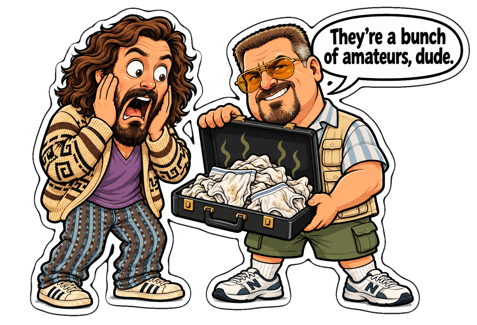 A smug Walter holds open a briefcase stuffed with dirty underwear, saying they're a bunch of amateurs, dude, while The Dude clutches his face in horror