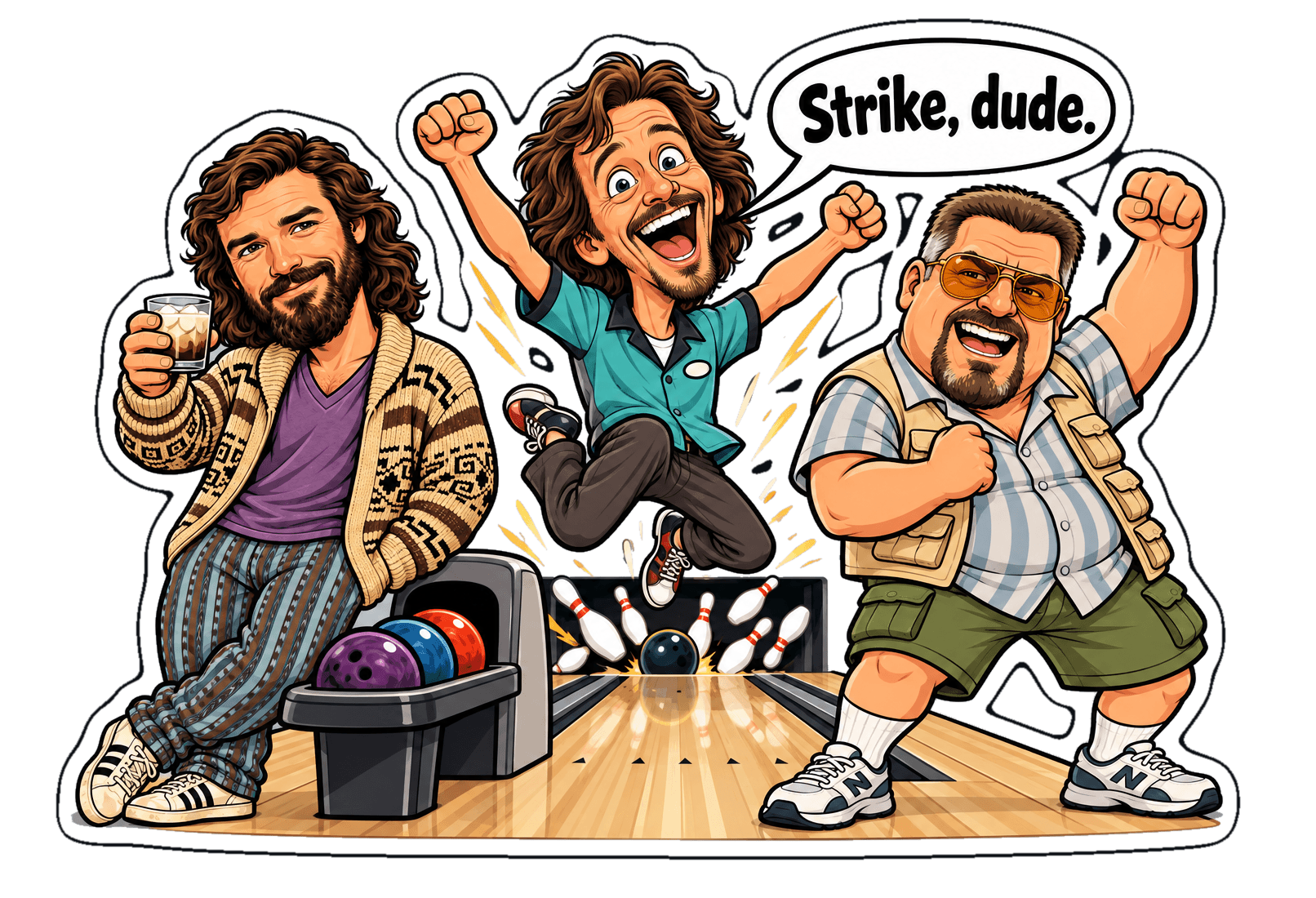 Donny celebrates a strike while Walter cheers and The Dude relaxes with a White Russian